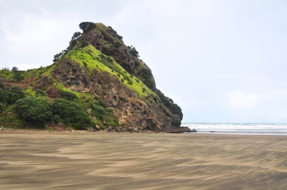 Czarna plaża Piha z charakterystyczną skałą Lion Rock w Nowej Zelandii
