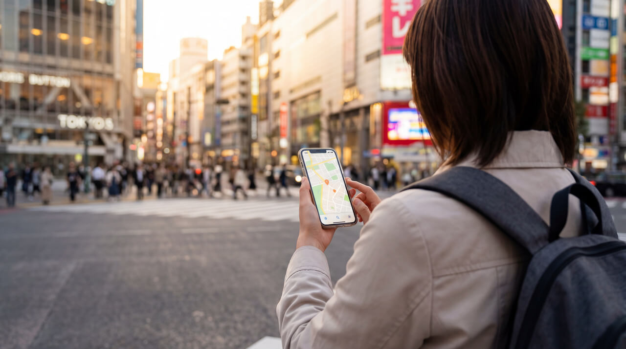 Turystka korzystająca z nawigacji w smartfonie na ulicach Tokio, Japonia – symboliczne użycie fizycznej karty SIM podczas podróży