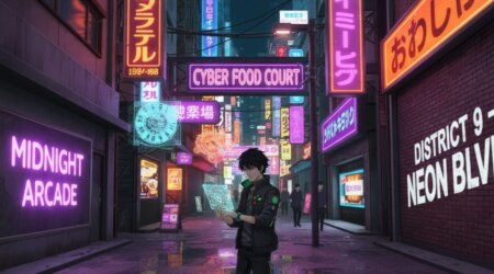Postać z anime w neonowym, futurystycznym mieście – wizja japońskiej popkultury inspirowanej mitologią i duchowością w cyberpunkowej estetyce