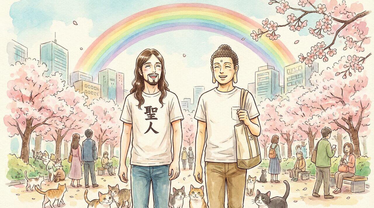 Jezus i Budda jako przyjaciele spacerujący po parku pełnym kwitnących wiśni – symboliczne połączenie religii i japońskiej popkultury w lekkiej, humorystycznej formie