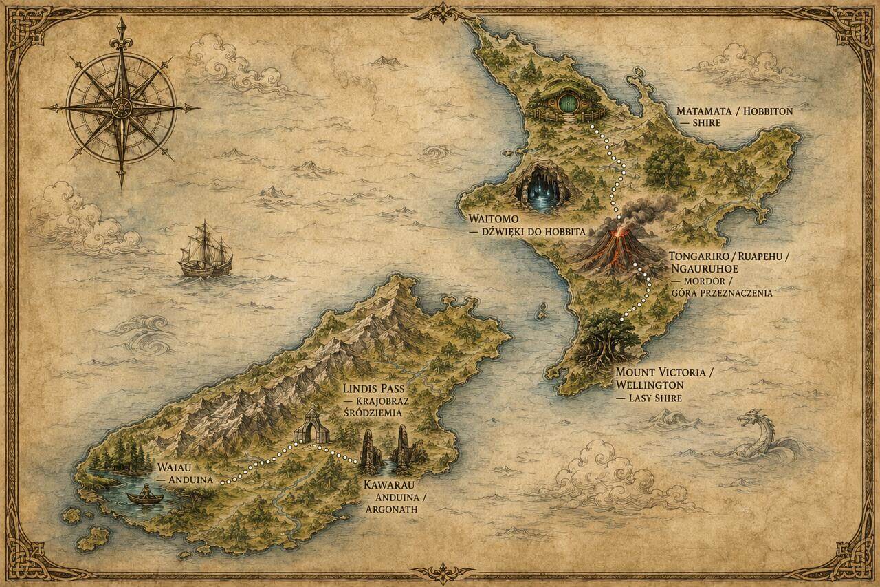 Stylizowana mapa Nowej Zelandii z prawdziwymi nazwami miejsc i ich odpowiednikami z filmowego świata Tolkiena.