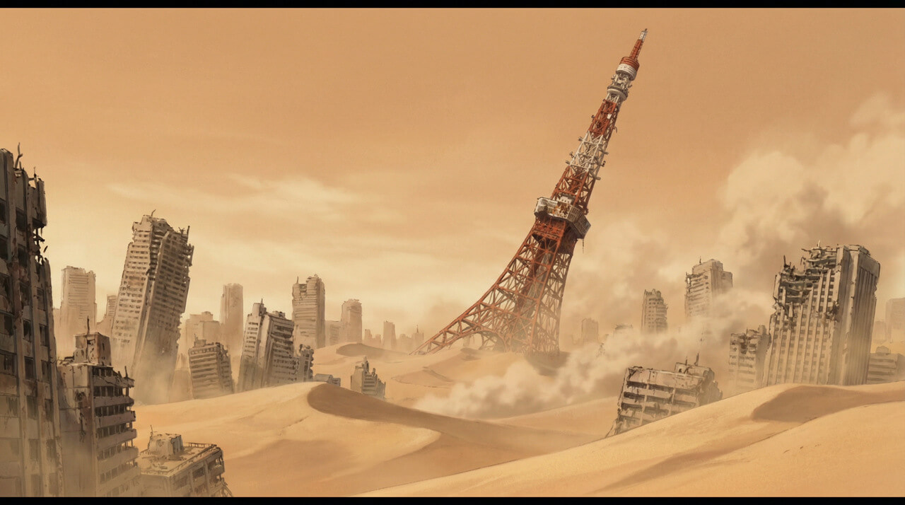 Opustoszałe i zrujnowane miasto pokryte warstwą piasku w klimacie postapokaliptycznym. W tle widoczna charakterystyczna wieża Tokio, a wokół niej zniszczone budynki i górzysty krajobraz.
