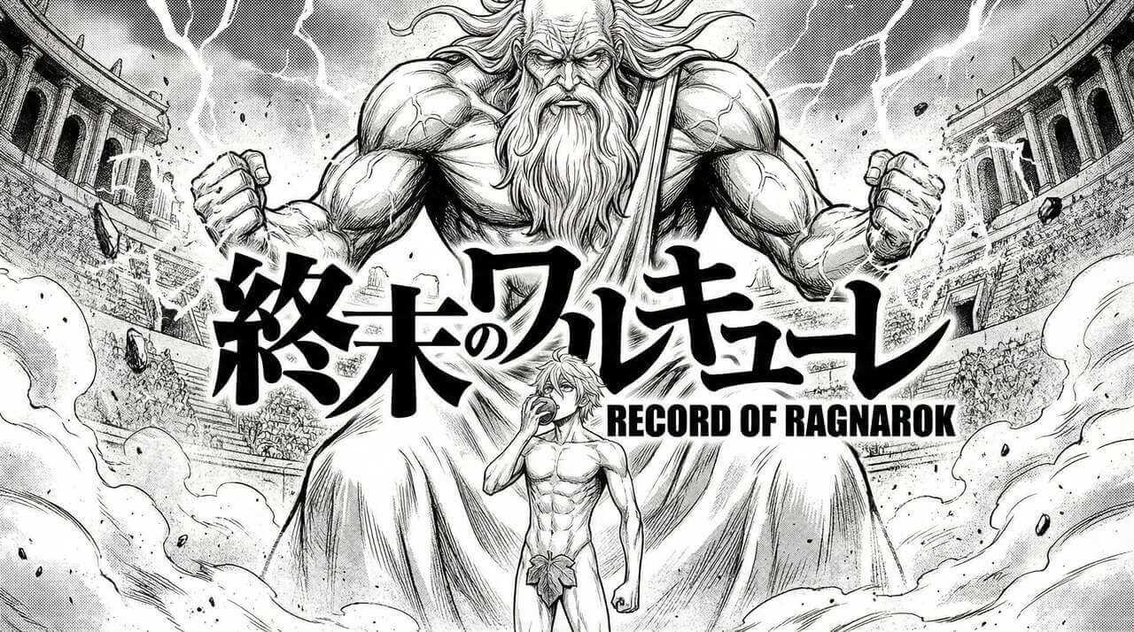 Okładka drugiego tomu mangi 'Record of Ragnarok', ukazująca Adama z jabłkiem w dłoni naprzeciw Zeusa, przedstawionego jako muskularny starzec z brodą. Scena symbolizuje pojedynek między bohaterami z różnych mitologii w serii.